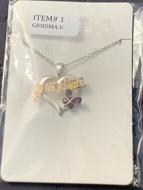 Grandma Heart Pendant Necklace with Purple Flower Accent